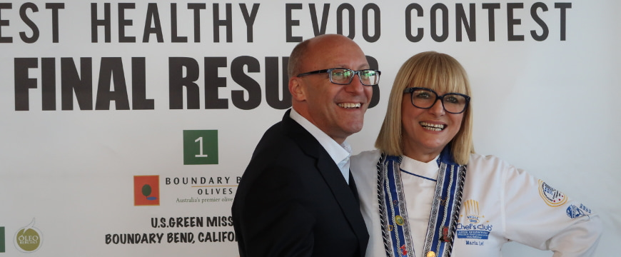 Maria Loi and Dr. Stefanos Kales at the World Healthy EVOO Contest awards ceremony in 2017