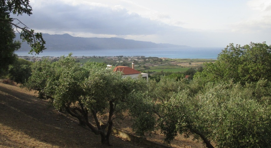 German World War Two cemetery at Maleme, with olive trees, sea, mountain view