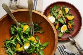 Dandelion salad with beets, bacon, and goat cheese toasts