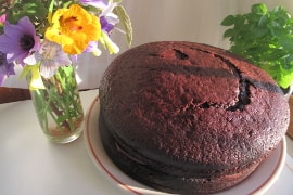 two-layer fudge cake between wildflowers and basil