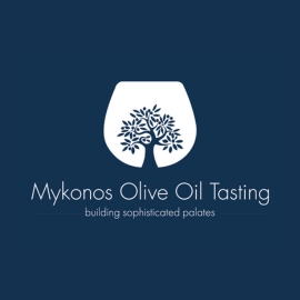 a blue square banner with a small olive tree inside the shape of a larger white olive oil tasting glass and below that the words Mykonos Olive Oil Tasting building sophisticated palates